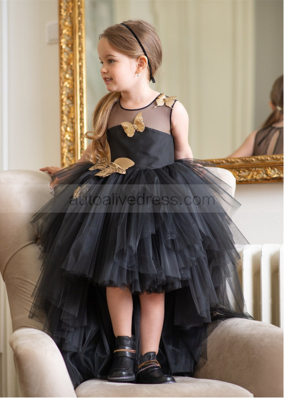 Black Asymmetrical Tulle Gold Butterflies Flower Girl Dress